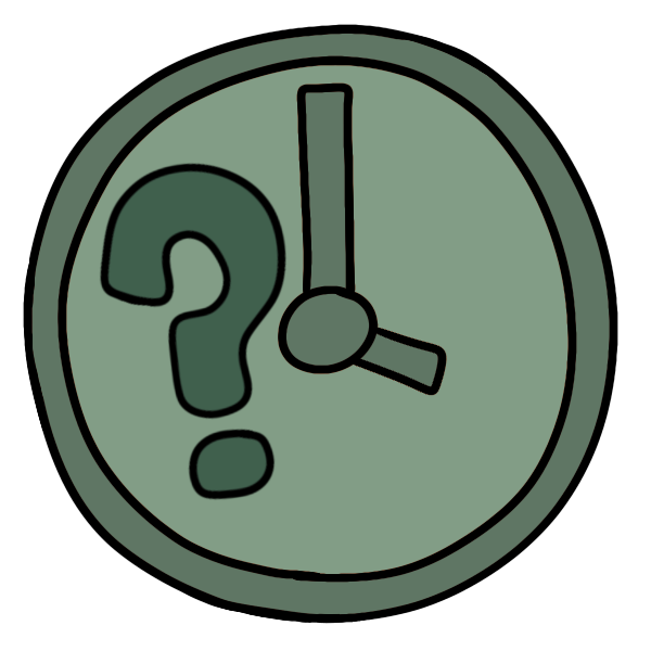 green clock face set to four o’clock with darker green question mark on it